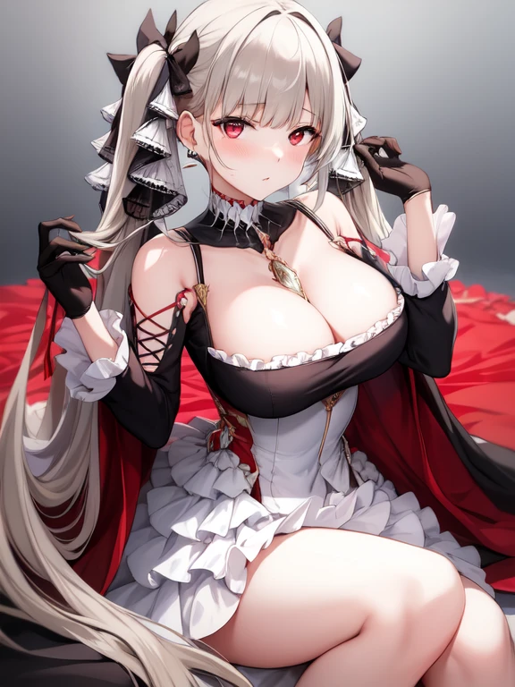 (masterpiece, best quality1.2),illustration,8k,hd,1girls,solo,hands up,(portrait:1.2),long_hair,large_breasts,red_eyes,very_long_hair,bangs,twintails,ribbon,grey_hair,cleavage,hair_ribbon,two-tone_ribbon,between_breasts,black_dress,dress,frills,bare_shoulders,frilled_dress,long_sleeves,two-tone_dress,jewelry,earrings,