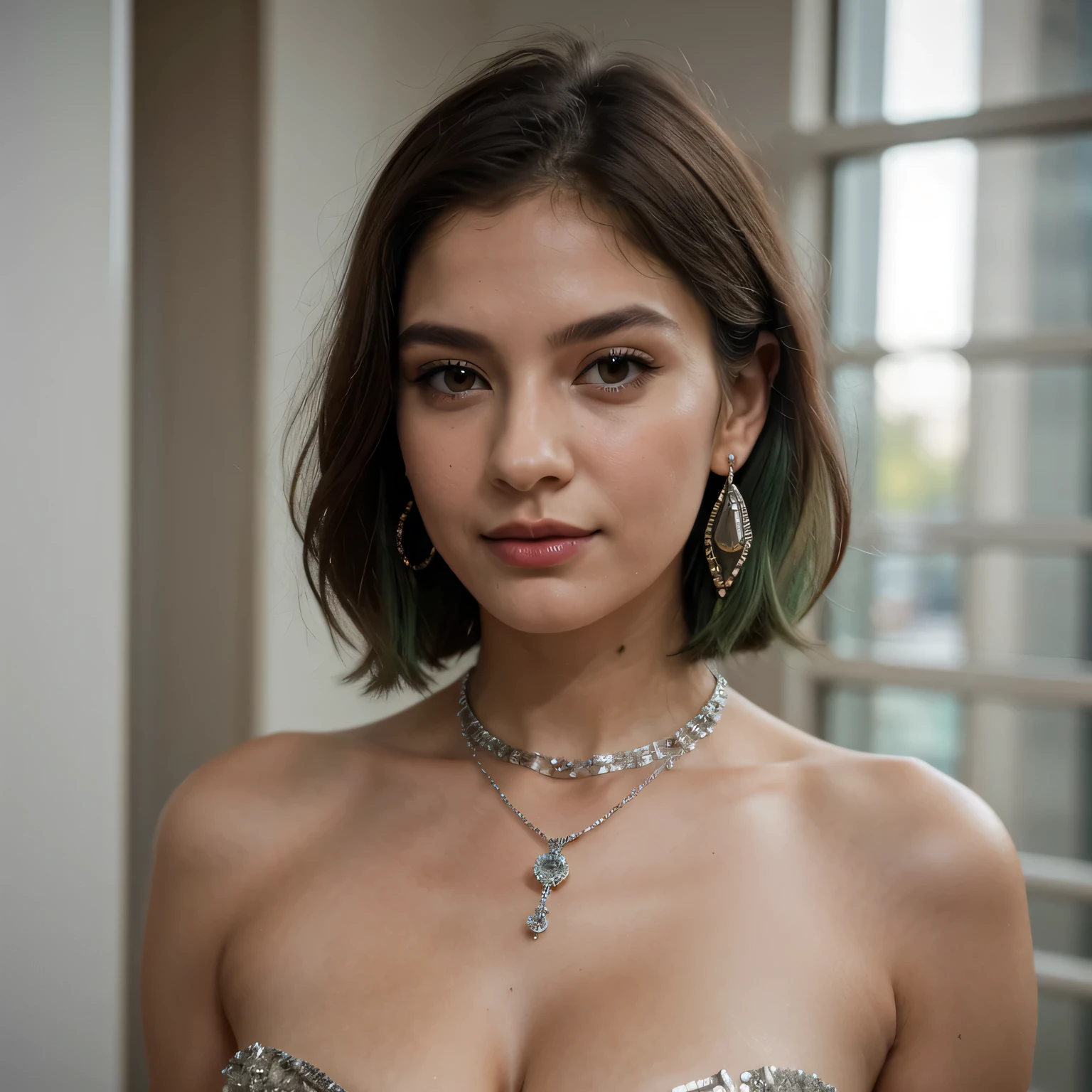 1girls, Nur, green Hair , 24 years old , medieval, portrait photo of a 24-year-old princess in a blue dress, emerald diamond necklaces, earrings and jewellery, intricate details, short hair, her hair should be at shoulder level and slightly above her shoulder, the ends of her hair will be green, especially green, an elegant thin small crown of diamonds on her head.Best Quality, 8K, Masterpiece:1.3)), Focus: 1.2, Perfect Body Beauty: 1.4, Hips: 1.2, , High Detail Facial and Skin Texture, Thin Eyes, Double Eyelids, , Smile,