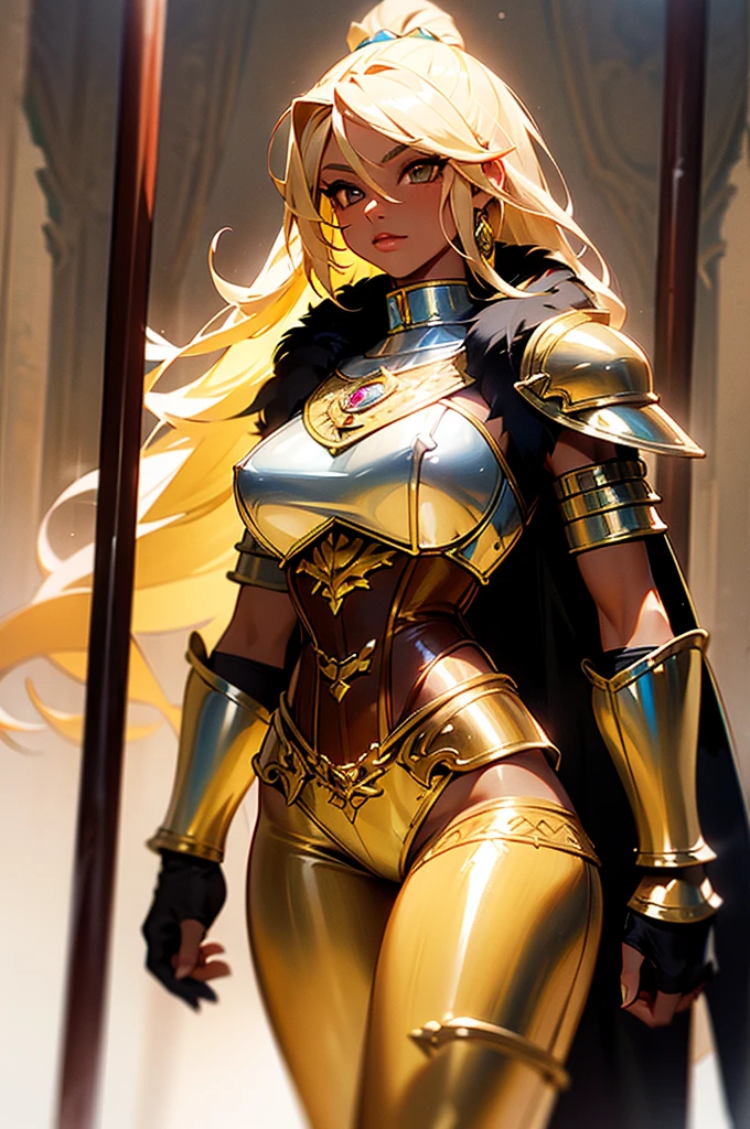 solo, Shakira, tanned, ifbb, indian, tan skinned, barbarian, tan skin, wbff, dancer, warrior, queen, captivating, furs, leathers, transparent glass armor full breastplate, translucent crystal armor tube corset, blonde, leather pants, photorealistic