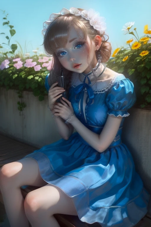 (masterpiece, highest quality,), One Girl, Alone in a blue dress、、blue eyes、Seductive pose、Outdoor