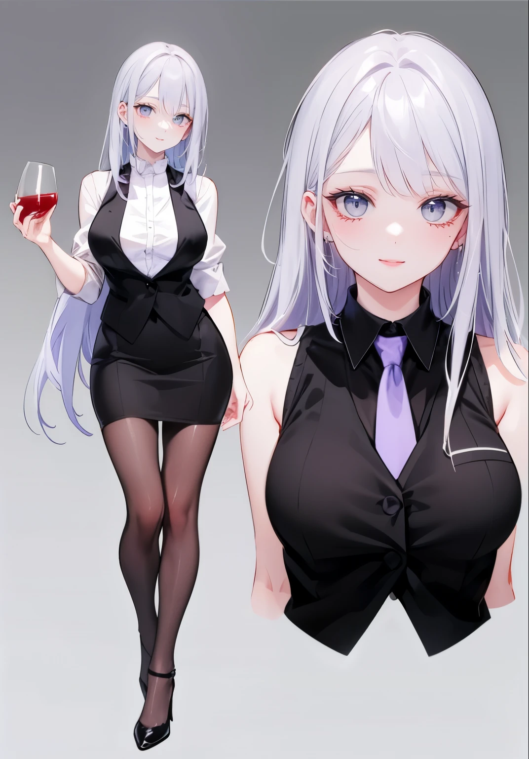 ((Perfect Face)),Purple Hair,Semi-long hair,1 female,bartender,,Black vest,tie,High heels,,((Simple light color background)),((smile)),((whole body)),((whole body)),Portraiture,virtual,upright,
