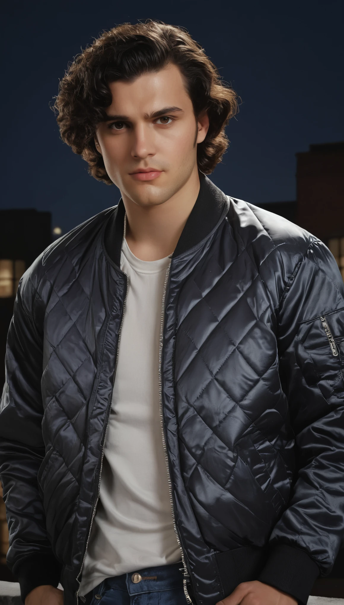 An illustrated movie poster, hand-drawn, full color, a vigilante man, 30 years-old, wearing a diamond quilted satin bomber jacket, stocky, soft doughy physique, deep brown eyes, wide bulbous nose, full lips, black hair, curly hair, thick bushy eyebrows, extremely hairy chest, stomach, and arms, lots of body hair, posing on a moonlit rooftop, hard shadows, graphite shading, stencil markings, airbrushed acrylic paint, masterpiece, in the style of Rockstar Games 