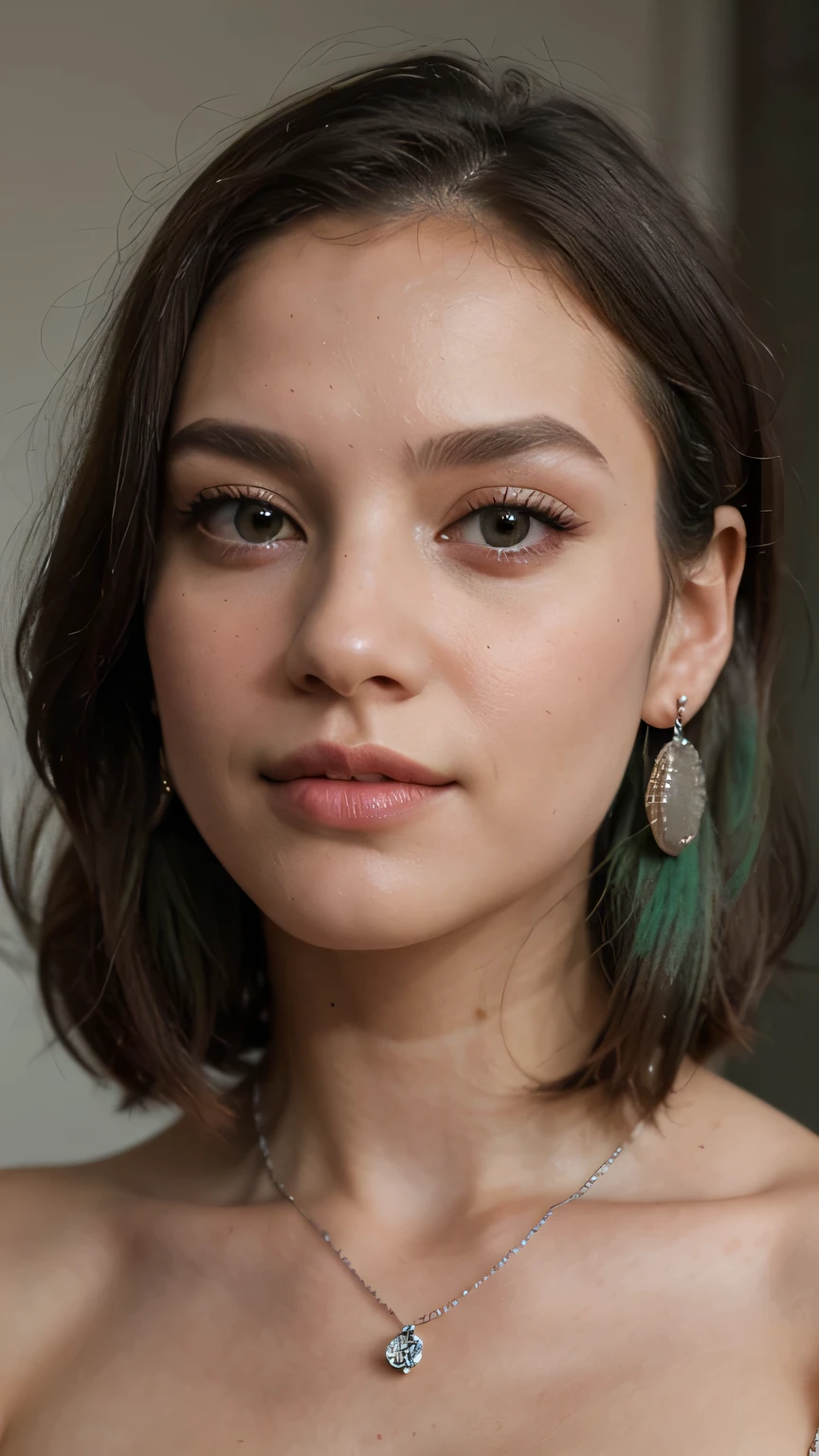 1girls, Nur, green Hair , 24 years old , (masterpiece, Best quality), Intricate details, realistic, photorealistic, close-up of a woman wearing earrings wrapped in crystals, inspired by Emma Andijewska, silver, long earrings, sandra chevier, huge earrings, 2019, platinum jewelry, earrings, flawless structure, silver earrings,, Best Quality, 8K, Masterpiece:1.3)), Focus: 1.2, Perfect Body Beauty: 1.4, Hips: 1.2, , High Detail Facial and Skin Texture, Thin Eyes, Double Eyelids, , Smile,