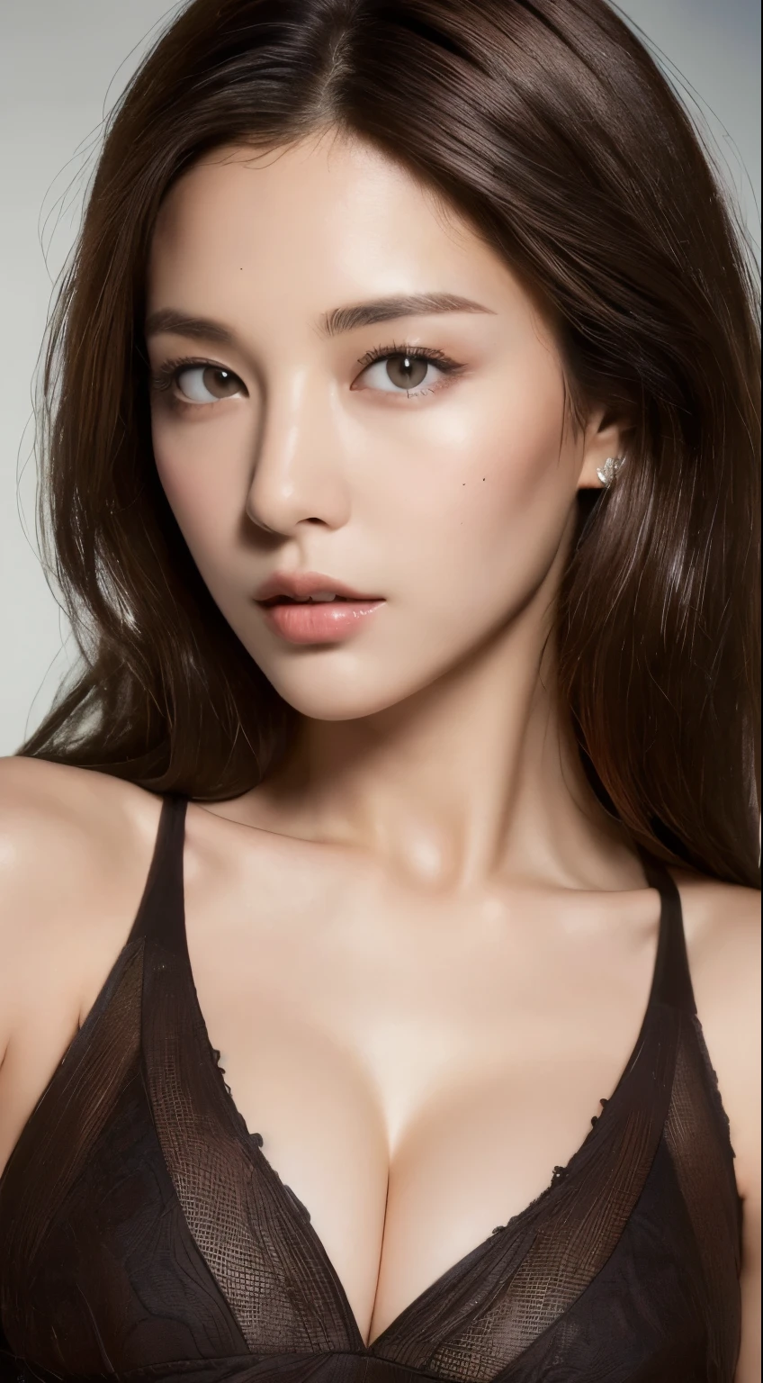 ((highest quality, 8k, masterpiece: 1.3)), Sharp focus: 1.2, Perfect figure: 1.4, Slim Abs: 1.2, ((Dark brown hair, : 1.4)), dress: 1.1), City of night, Highly detailed face and skin texture, Beautiful Eyes, double eyelid、Large Breasts、Cleavage