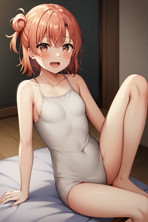 ((highest quality)), ((masterpiece)), (be familiar with), Perfect Face, indoor, Bedroom, Watching the audience,
One woman, Yuigahama Yui,
Open Mouth, Ecstatic expression, blush, smile,
Small breasts, Flat Chest, Young Girl, , , Girl,
Short Hair, Salmon-colored hair, Salmon-colored eyes, Side Pony,
Leg spread,