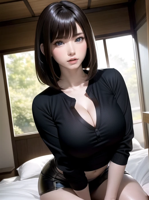 Japanese Girls,(非常にdetailedな肌),curvy,,Beautiful big breasts,(Big Breasts),Pale skin(Fantasy art,Best image quality,Hyperrealist portrait,(8k),Ultra-realistic,最high quality, high quality, High resolution, high quality texture,Attention to detail,Beautiful details,detailed,Extremely detailed CG,detailed Texture,Realistic facial expressions,masterpiece,in front,dynamic,bold),Adult beauty short hair,A rounded bob hairstyle that follows the lines of the face、(Very soft hair),(Super Straight Hair:1.5), sleek bangs,Very light coppery amber hair,Hair on one eye、I&#39;m in the office、Wearing a white shirt、Wearing a black mini tight skirt、It fits perfectly to the body、It shows off the body line beautifully.、全身をdetailedに描写、Full Body