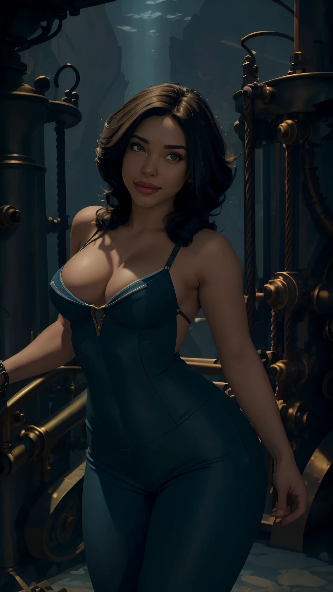 (best quality,ultra-detailed,realistic:1.37),HDR,UHD,studio lighting,ultra-fine painting,sharp focus,physically-based rendering,extreme detail description,professional,vivid colors,Audrey Ramirez atlantis,blue jumpsuit,curvy figure,beautiful face,expressive eyes,wavy hair,captivating smile,youthful appearance,confident posture,industrial background,steampunk elements,mechanical gadgets,underwater cityscape,sunlight filtering through water,subtle blue color palette,enhancing shadows and highlights,meticulous attention to textures and materials,impressive level of intricacy,artistic portrayal of Atlantis, purole lingerie. Busty