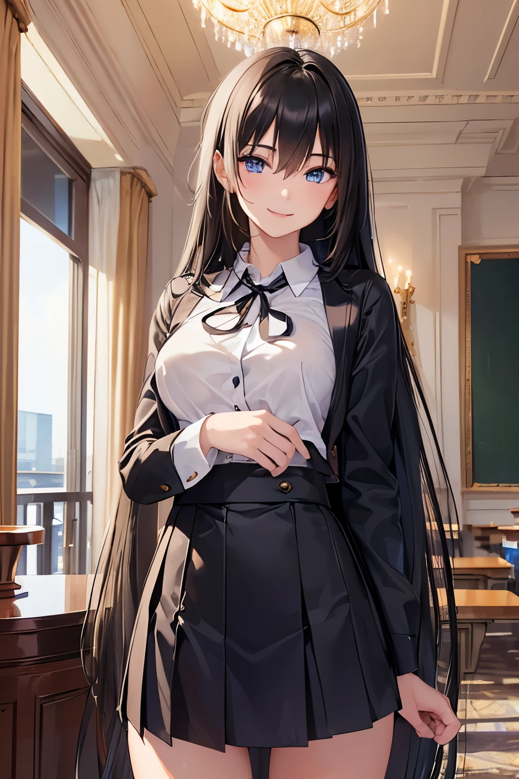 ((, masterpiece, best quality)), ((super high resolution)), (photo realistic), best shadow, (sharp sketch, illustration:1.2), high detail, very detailed, (nice hands, perfect hands), (POV, face focus:1.4), ((1girl)), beautiful girl, 18 years old, blue eyes, (black straight long hair:1.5), (normal breasts:1.1), glossy skin, ((view from front:1.5)), (very slender:1.3), (beautiful adolt face:1.3), famous idol, thin lips, detailed facial features, facial and skin texture, Crisp focus, perfect beautiful body and face, beautiful face, perfectly in focus, long bangs, (in the hotel:1.3), all body, (smile:1.5), ((standing:1.5)), (school costume:1.5), hair between eyes, skirt lift