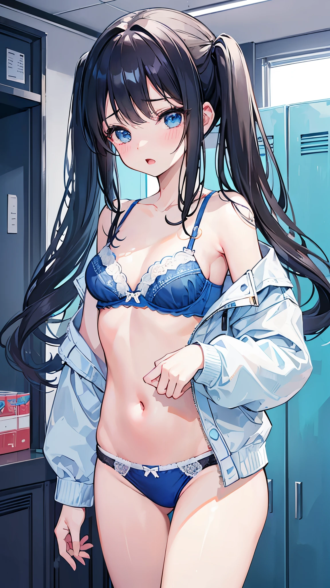 (masterpiece、highest quality、Super detailed)、One girl、Black Hair、twintails、Blue eyes、blush、((Wide open mouth))、Small breasts、((light blue bra))、((light blue panties))、Cowboy Shot、Locker Room Background