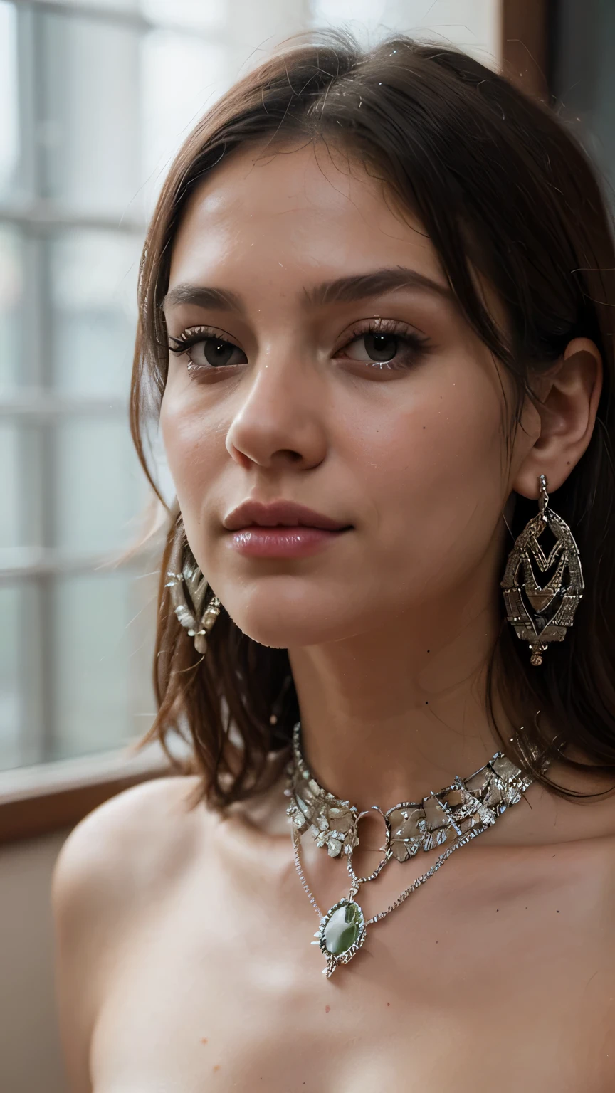 1girls, Nur, green Hair , 24 years old , (masterpiece, Best quality), Intricate details, realistic, photorealistic, close-up of a woman wearing earrings wrapped in crystals, inspired by Emma Andijewska, silver, long earrings, sandra chevier, huge earrings, 2019, platinum jewelry, earrings, flawless structure, silver earrings,, Best Quality, 8K, Masterpiece:1.3)), Focus: 1.2, Perfect Body Beauty: 1.4, Hips: 1.2, , High Detail Facial and Skin Texture, Thin Eyes, Double Eyelids, , Smile, short hair