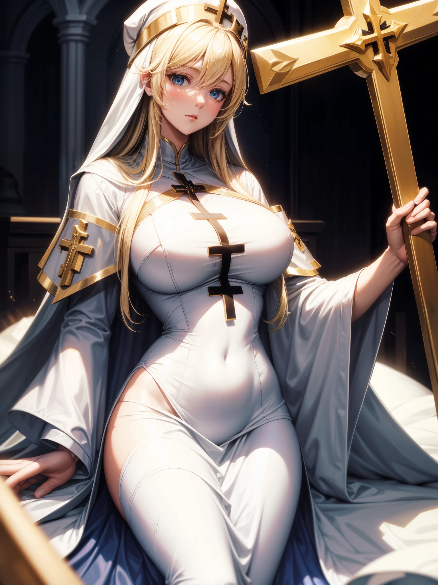 1girl, solo, asuna, large breasts, smiling, ((nun super micro small outfit), nun veil, necklace), church background, beautiful face, perfect detailed lines, (masterpiece), no blur, 8k image. Super tight, translucent micro clothes, small mini lace lingerie, hard nipples, super smal clothes, detailed skin, perfect details, ((half naked)), full body picture