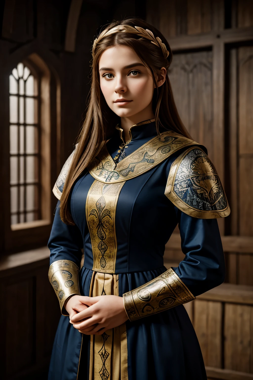 portrait of a beautiful Cymric lady, medieval clothing, dark age England, 21 years old, medieval background, ultrarealistic style