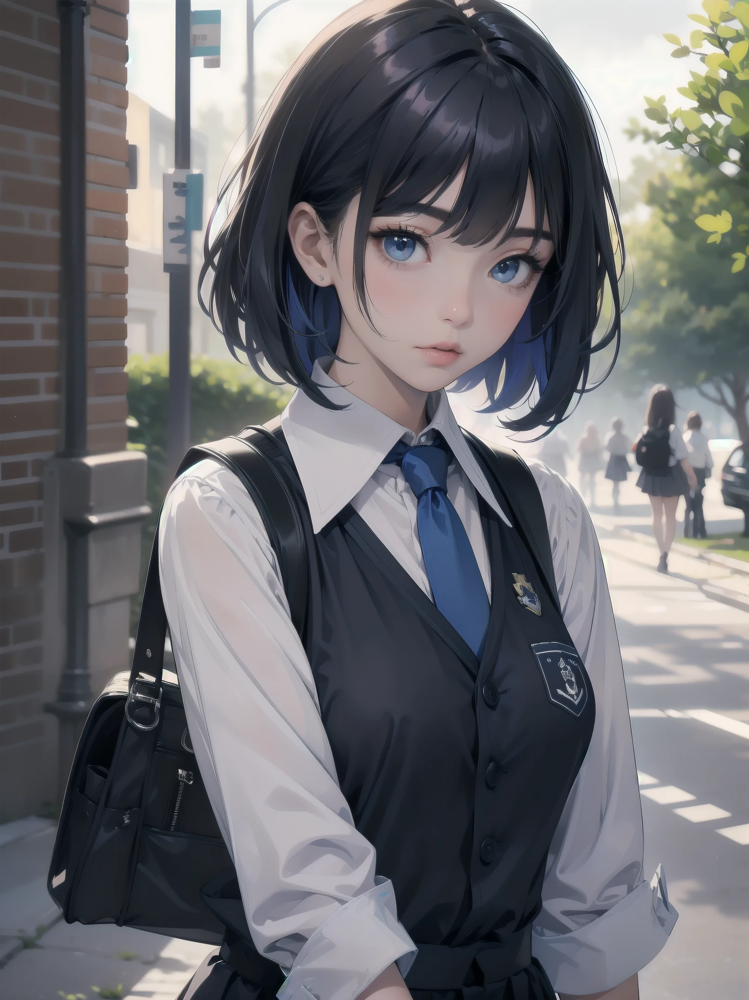 Masterpiece, top quality, super detailed, 16k,
One girl, spring, high school, warm colors, school bag, accurate and highly detailed background, flock of schoolgirls in uniforms of various body shapes and hairstyles, cute.
Blake.
akane kurokawa, 1girl, short hair, blue hair, green eyes, black hair, medium hair, white shirt, collared shirt, , vest, white shirt, sweater vest, black vest, blue necktie, one-length bob, create bangs, add some lightness to the area around the face, and leave the ends of the hair thick throughout. dark blue-purple hair, blue eyes