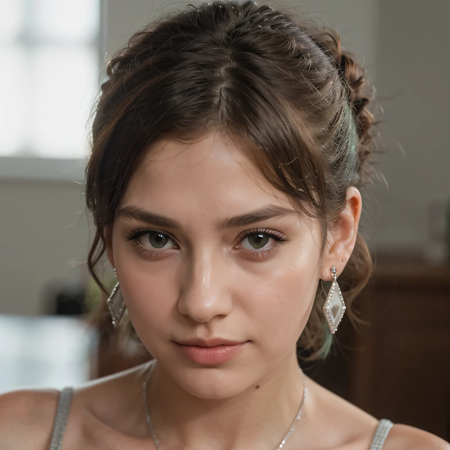 1girls, Nur, green Hair , 24 years old , (masterpiece, Best quality), Intricate details, realistic, photorealistic, close-up of a woman wearing earrings wrapped in crystals, inspired by Emma Andijewska, silver, long earrings, sandra chevier, huge earrings, 2019, platinum jewelry, earrings, flawless structure, silver earrings,, Best Quality, 8K, Masterpiece:1.3)), Focus: 1.2, Perfect Body Beauty: 1.4, Hips: 1.2, , High Detail Facial and Skin Texture, Thin Eyes, Double Eyelids, , Smile, short hair