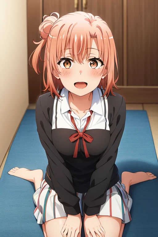 ((highest quality)), ((masterpiece)), (be familiar with), Perfect Face, indoor, Bedroom, Watching the audience,
One woman, Yuigahama Yui,
Open Mouth, Ecstatic expression, blush, smile,
Small breasts, Flat Chest, Young Girl, , , Girl,
Short Hair, Salmon-colored hair, Salmon-colored eyes, Side Pony,
Leg spread,