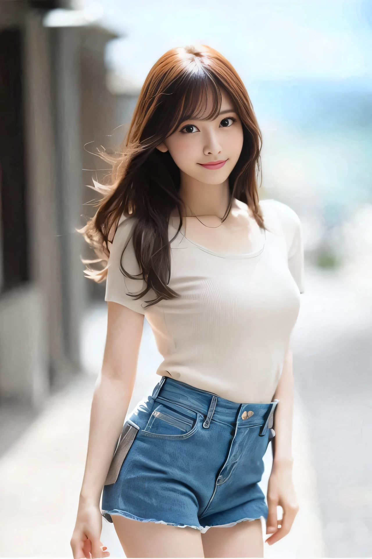 Realistic photo quality、take a photo wearing a miniskirt１People Women, Lightweight shirt blouse、Gorgeous Young Japanese Woman, ２０Year Old Female Fashion Model,Idol、 Slim girl model photo, Narrow waist,  wear tight, simple clothes, Small waist, Japanese Model,, Beautiful Japanese Women, Beautiful girl model、looking at the camera、Natural smile、A gentle and kind expression、Brunette medium-long hair、Hair blown apart by the wind、Water&#39;s Edge、Shot with a 200mm lens、Blurred sea in the background