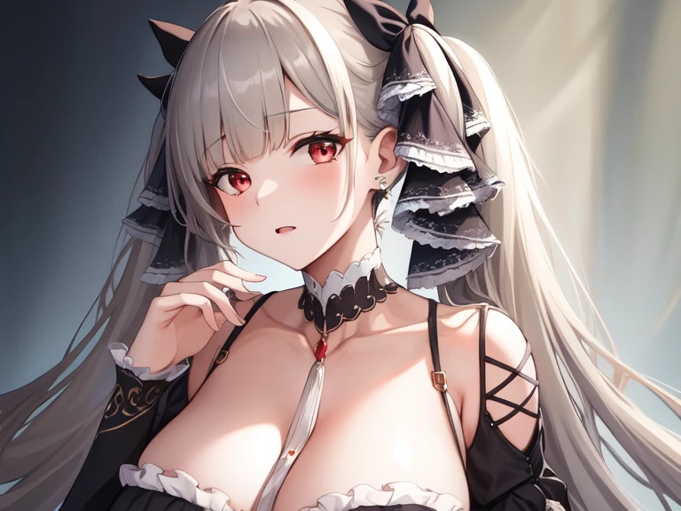 (masterpiece, best quality1.2),illustration,8k,hd,1girls,solo,hand up,(portrait:1.2),long_hair,large_breasts,red_eyes,very_long_hair,bangs,twintails,ribbon,grey_hair,cleavage,hair_ribbon,two-tone_ribbon,between_breasts,black_dress,dress,frills,bare_shoulders,frilled_dress,long_sleeves,two-tone_dress,jewelry,earrings,