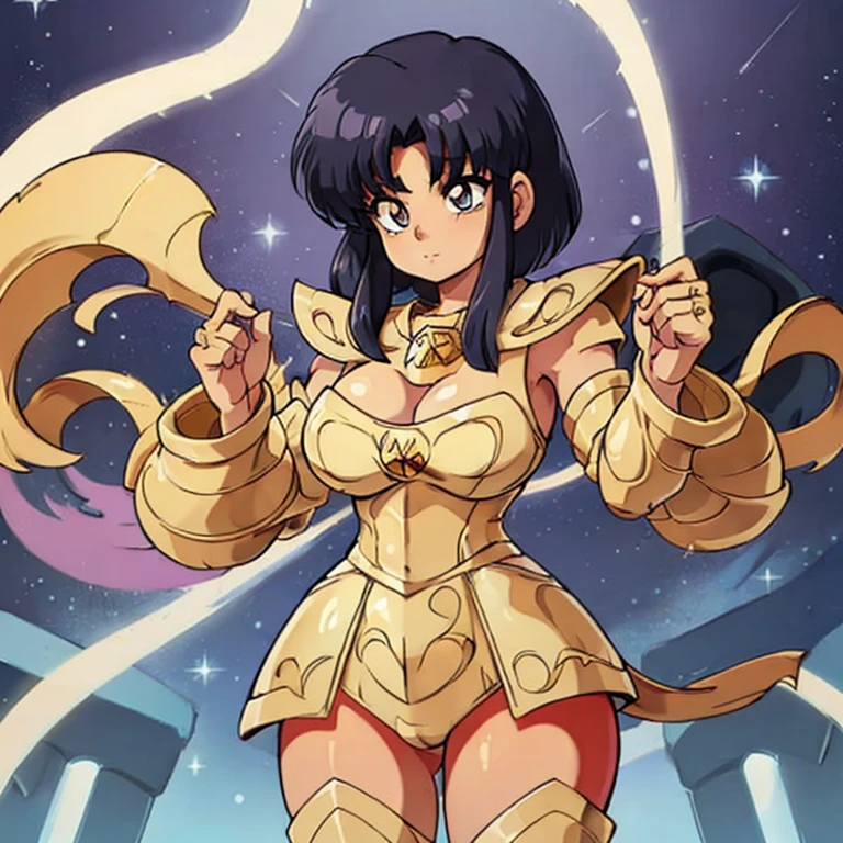 Akane tendo, cabello azul, Cabello corto, ojos azules, ojos detallados, cara de placer, muslos, pechos grandes, cuerpo completo, pose vulgar, vulgar, pechos vulgares, escote muy grande, senos grandes, armadura dorada, Saint Seiya Zodiac, Zodiac Sagittarius gold Armor, armadura brillante, sexy Armor, pose sexy Cleavage Bulge, bursting Breasts, Spilling Out, pose sexy 