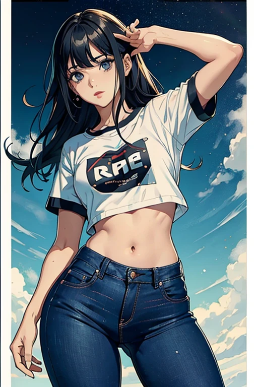 (Hinata Hyuga, muito sensual, com roupas apertadas, bunda grande, pernas grossas, Wearing extremely tight jeans, usando uma mini blusa, umbigo com pirsing, cabelo grande, Speaker behind, muito realista, extremamente sexy, 8k, 8k extremamente detalhado), (um extremamente delicado e bonito), (obra-prima), (melhor qualidade: 1.0), (ultra highres:1.0)
