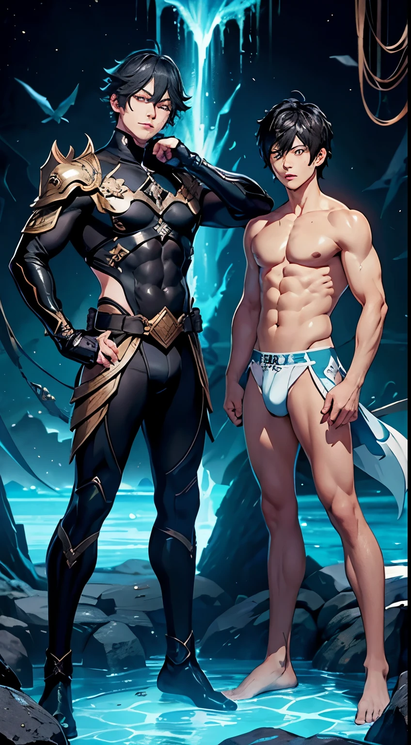 2 boys, toned、Wide and very bright black eyes, characters genshin impact keiyu and the guardians of the abyss, in underwear, large lumps in the perineum, Full length view、kiss, hands on hips