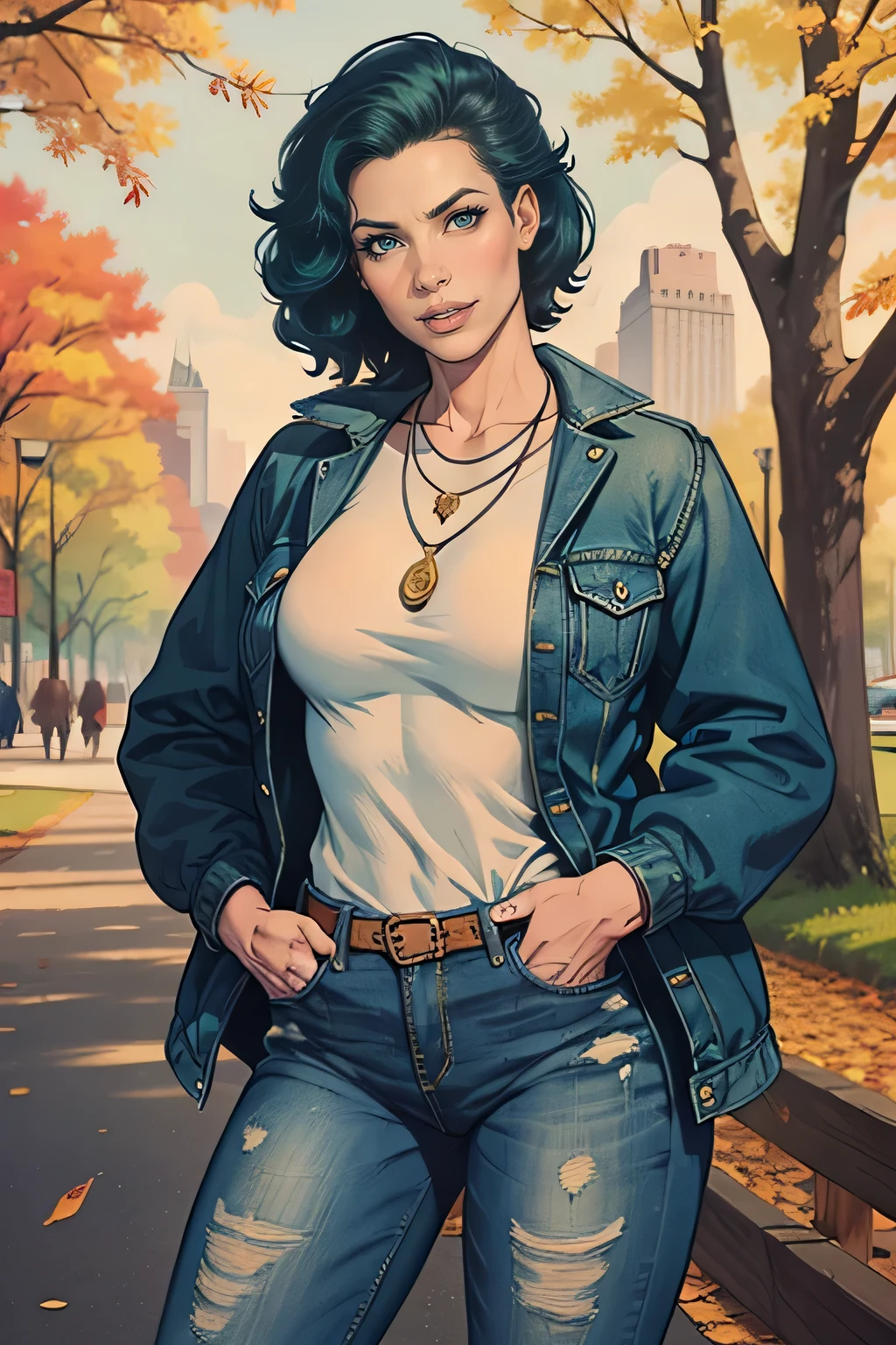 1 woman, 35 years old, Alone, Short hair, looking at the viewer, green eyes, dark bluish hair, Shirt, jacket, white Shirt, open clothes, pants, necklace, nail polish, open jacket, lips, black jacket, Tilt head, jeans, blue jacket, light blue nails, hand in pocket, jeans, print Shirt, jeans jacket, Background: central park in autumn, trees and leaves falling in the style of Sara Pichelli