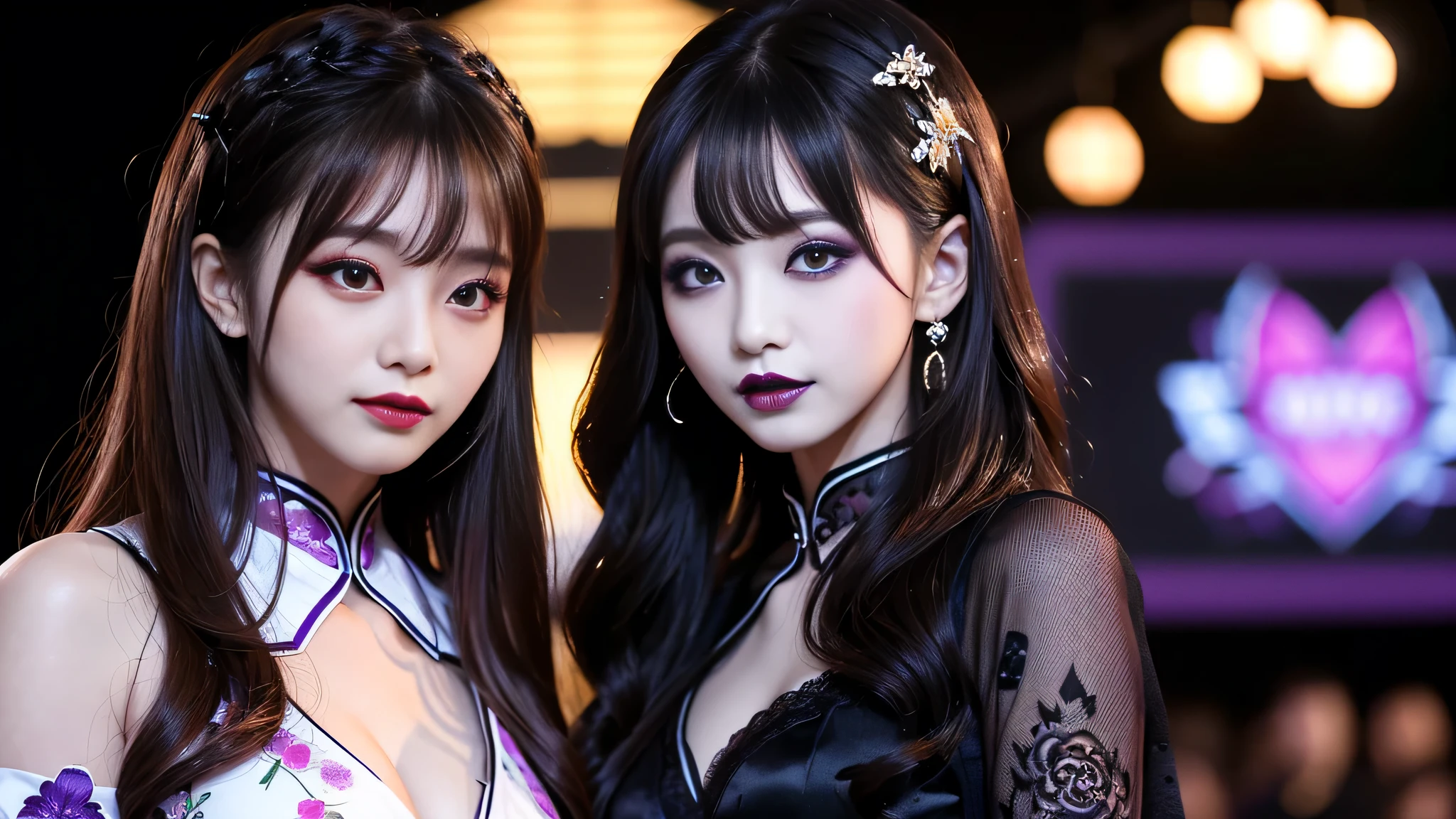 2girls、best quality、ultra-detailed、4k、Japanese、Seductive beauty、seductive adult woman、Pretty Woman、cool girl、Villainess、Brainwashed、brainwash、Fallen into evil、smirk、Evil look、Wicked Smile、evil、Brown hair、wavy hair、swept bangs、dark makeup、dark makeup、piercing eyes、hollow eyes,half-closed eyes、Hollow Eyes、Purple Eyeshadow、black lipstick、black lipglos、Long Black Cheongsam、Wide sleeves、night、inside Live stage、Applying lipstick、
