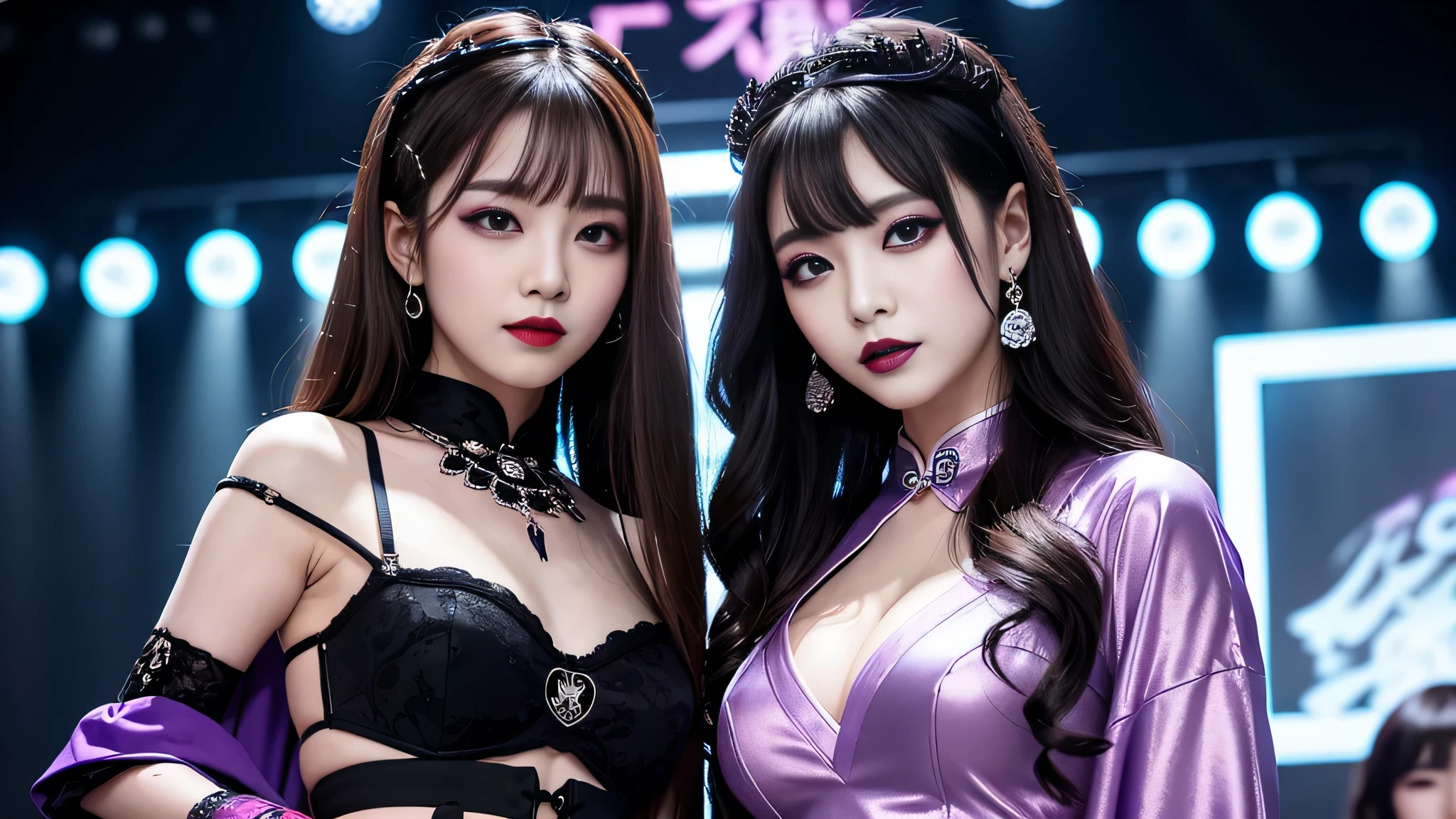 2girls、best quality、ultra-detailed、4k、Japanese、Seductive beauty、seductive adult woman、Pretty Woman、cool girl、Villainess、Brainwashed、brainwash、Fallen into evil、smirk、Evil look、Wicked Smile、evil、Brown hair、wavy hair、swept bangs、dark makeup、dark makeup、piercing eyes、hollow eyes,half-closed eyes、Hollow Eyes、Purple Eyeshadow、black lipstick、black lipglos、Long Black Cheongsam、Wide sleeves、night、inside Live stage、Applying lipstick、