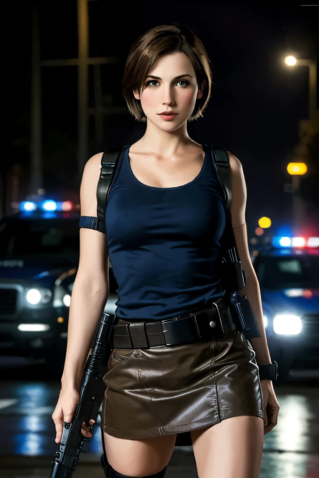 ((best quality)), ((masterpiece)), (detailed), perfect face, jill valentine, short hair, part of the hair covers the eyes, gun in hand, police car behind, night and rainy city, street, miniskirt, gun holster on the leg,