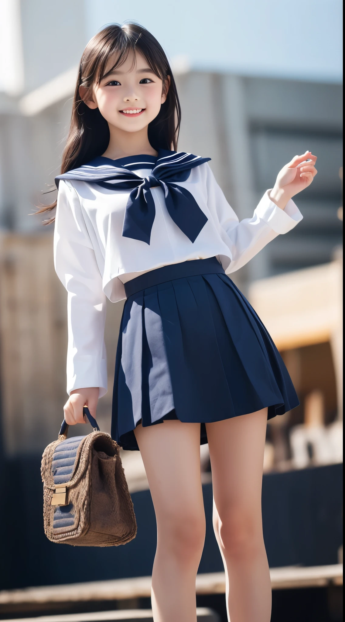 Okinawa&#39;s ocean、White sand beaches in Okinawa、8k UHD、Digital single-lens reflex camera、High resolution、Shallow depth of field、Natural light、(((Sailor suit)))、(((navy blue super mini skirt)))、(((Full body photography)) )、Small person、(((Young face)))、1 Japanese female、;beautiful girl、(Black Hair)、(((Brown eyes)))、Glowing Skin、Smooth Thinning Hair、Long Hair、Detailed background、Detailed eyes and face、Clear Eyes、Cute smile、Calm atmosphere、(((stage)))、(((I have a bag)))、(((Small breasts)))、(((Beautiful Eyes)))、Flat chest、Children、(((Toned thighs))) 、(((Angle from below) ))、(((Fine lips)))、(((Skirt fluttering)))、Shining beautiful legs、