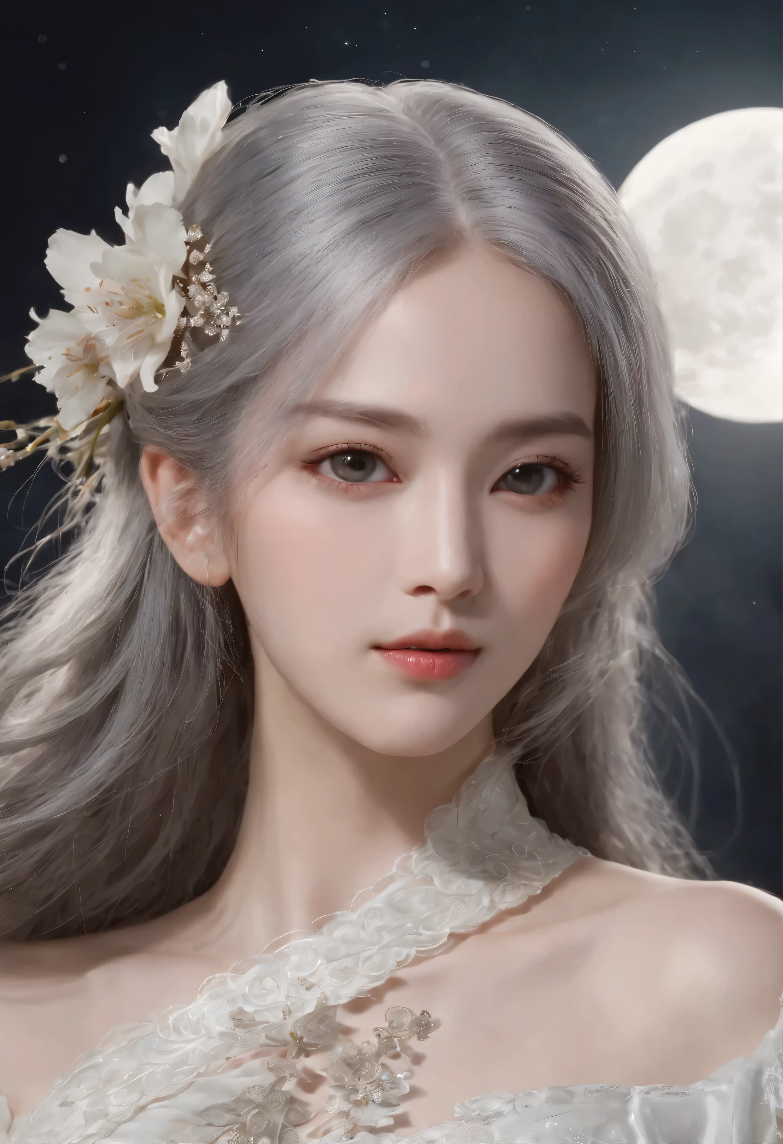 In the calm night、Under the gentle light of the full moon、A calm and emotionless adult royal sister appears.、Her long silvery white hair sways gracefully in the breeze.。His three-striped grey eyes sparkled with intelligence.、He stares at the scene with unwavering concentration.。In his hand he holds a short knife、The details are clearly visible in the moonlight.。Her fingers traced the intricate patterns on the pattern.、Every detail of her face speaks to her dedication as a sister assassin.。In the background、There is a mesmerizing scene of flower balls swirling quietly in the darkness.、The colors blend seamlessly into the night、It has an ethereal atmosphere