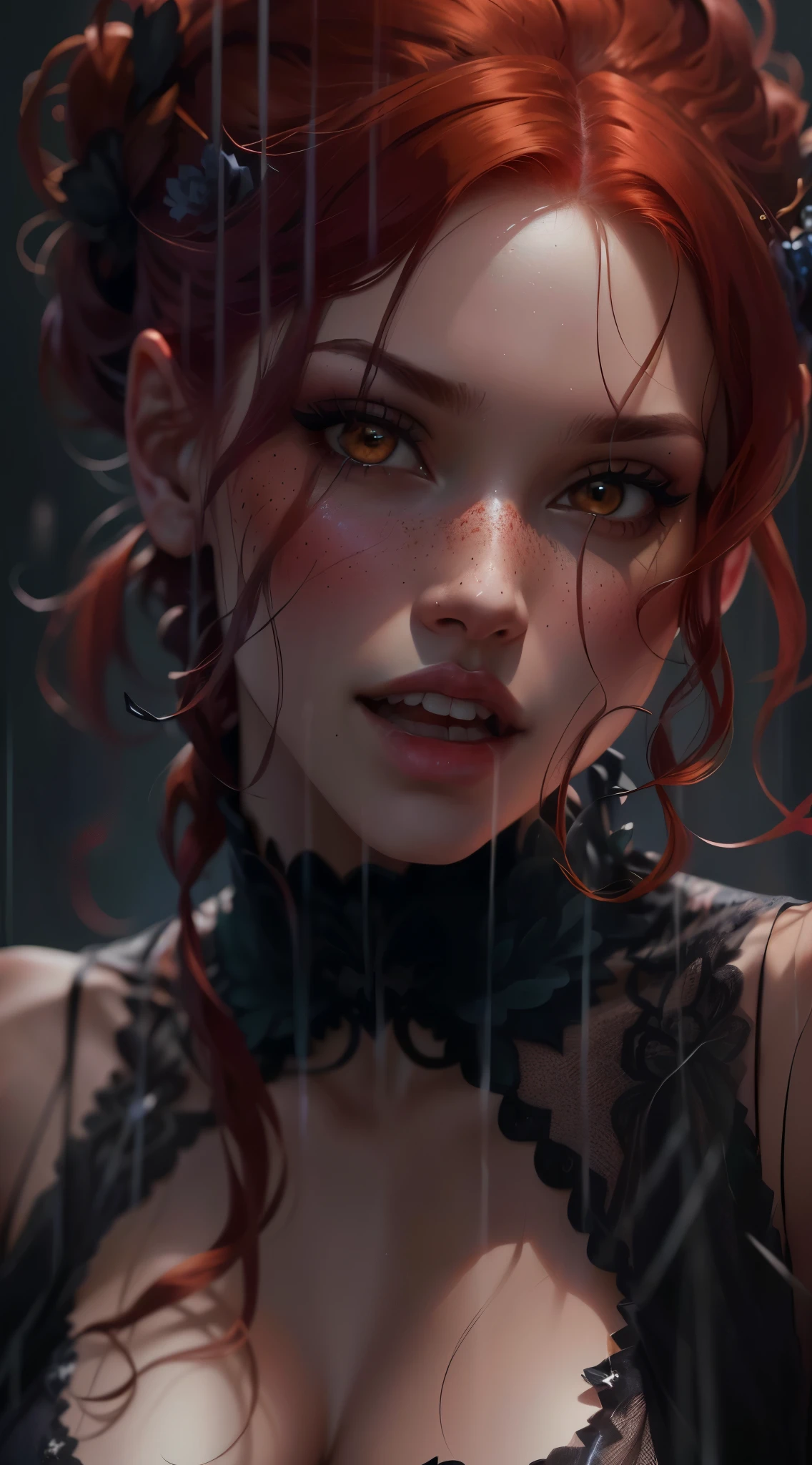 Il y a une femme aux cheveux roux et au haut noir, artwork in the style of guweiz, beautiful fantasy art portrait, Portrait de concept art fantastique, epic fantasy art portrait, WLOP complexe, Fantastique Art Behance, 4k highly detailed digital art, 8k high quality detailed art, deviantart artstation cgscosiety, stunning digital illustration, Fantastic art portrait