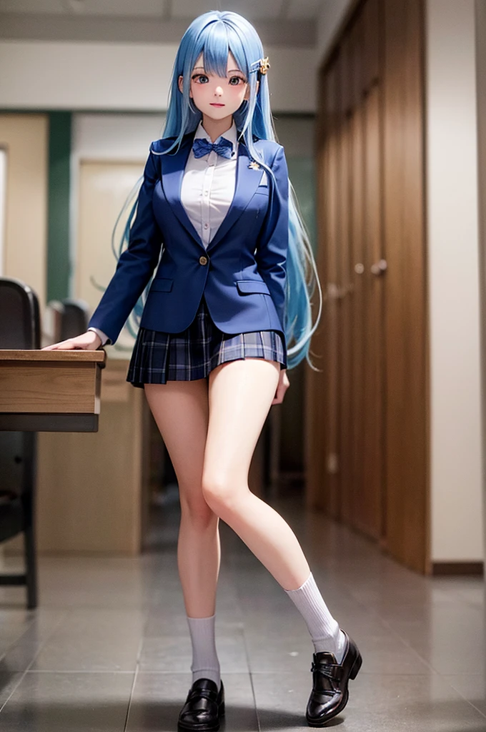 Blue Hair Wavy Long Hair Honor student Class Committee Girl Blue blazer classroom high school girl