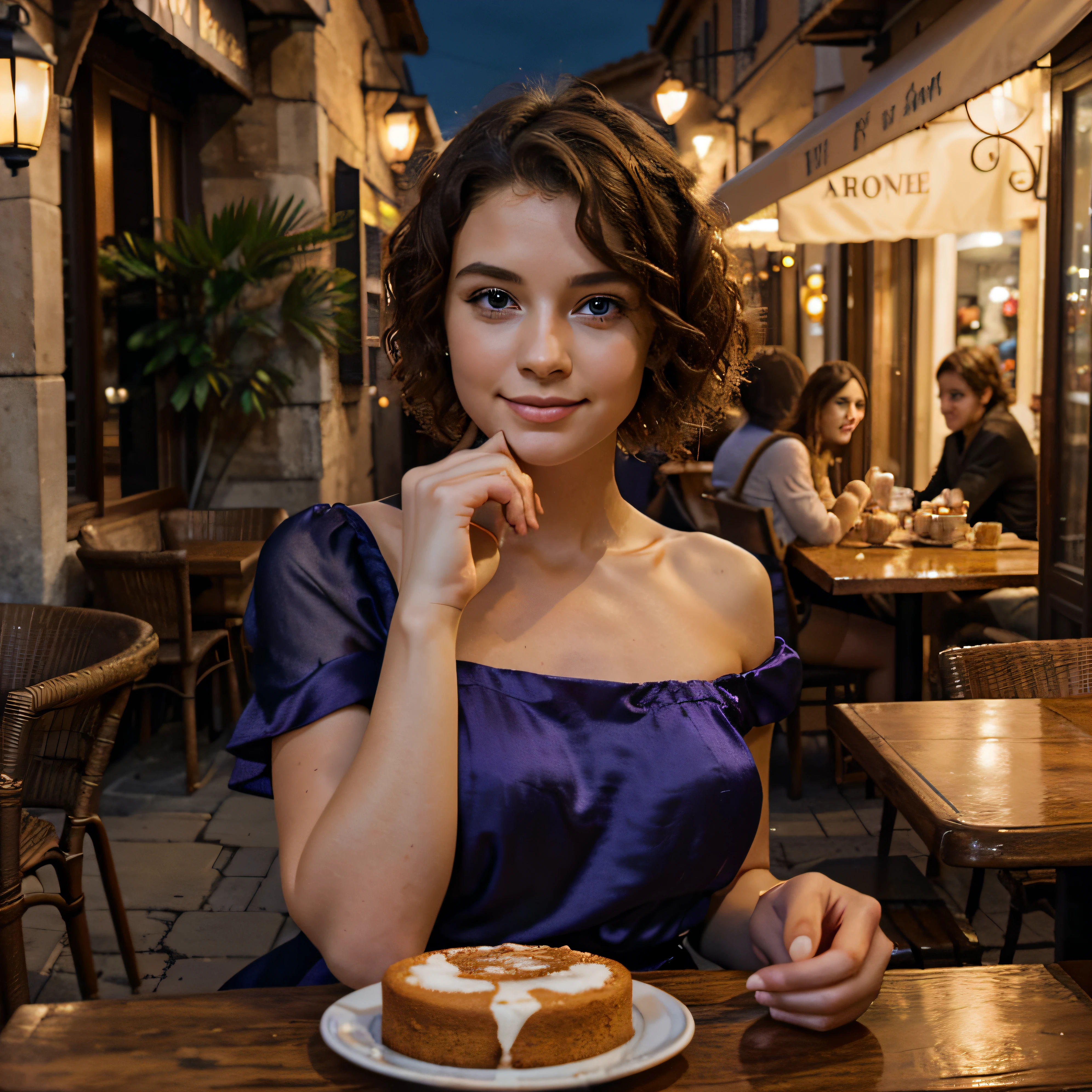 belle fille, short, curly blonde hair, yeux bleus, la robe violette en soie épouse gracieusement sa magnifique silhouette. Une fille est assise à une table près d’un café, with a cup of coffee and a cake, Un léger sourire sur son visage. un tel endroit, comme la Provence en France, la nuit, Soft light lanterns. la plus haute qualité, high detail, hyper realistic, Photo hyperréaliste de, Cinematic quality, high detail, BRUT