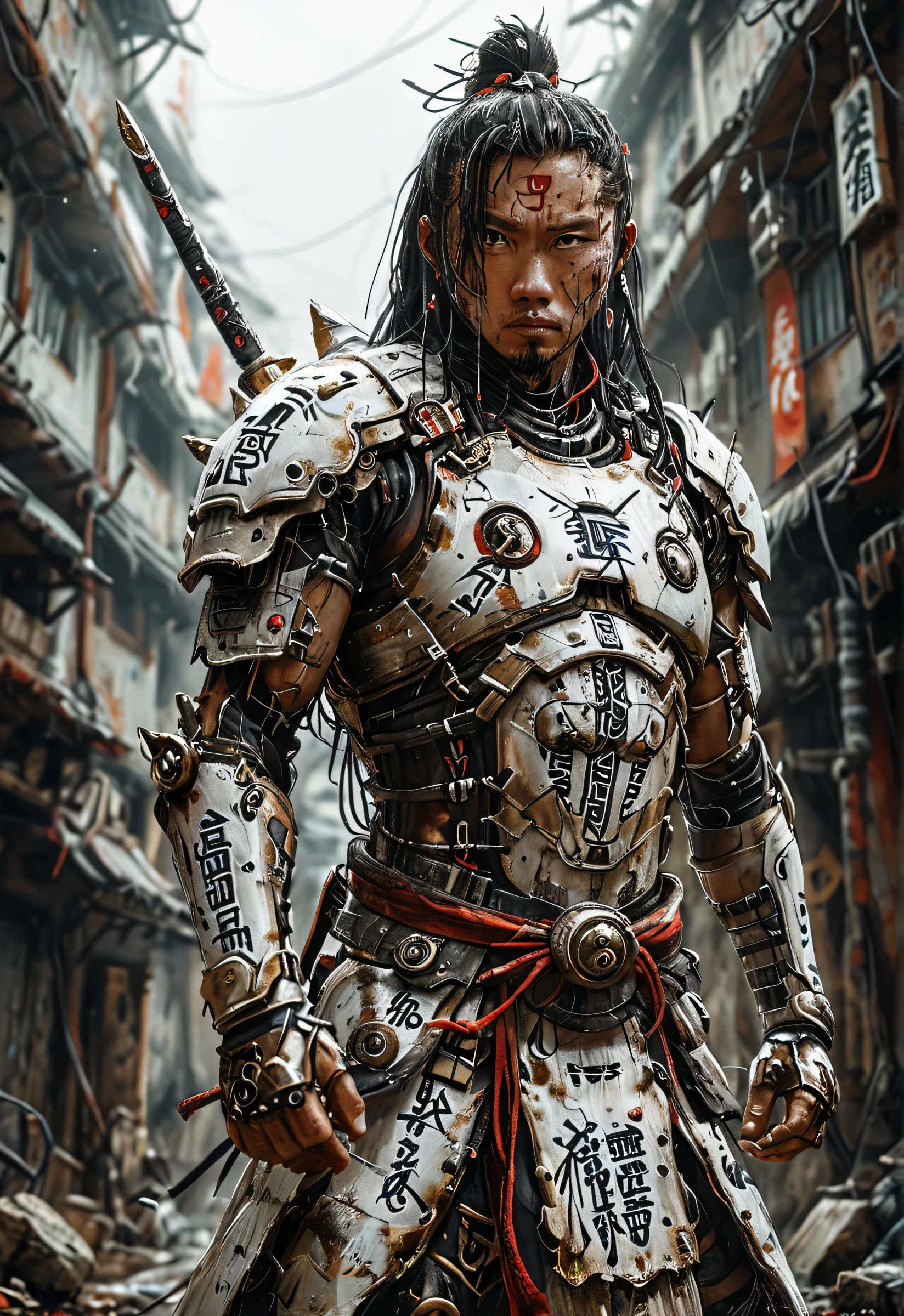 Masterpiece, Majestic. POV: three-quarter shot in camera Canon EOS R6 Mark II, Len EE 35mm, f1.6. Ancient warrior standing in dynamic pose. White armor with runes written in deep lines on it, bold lines, ancient chinese and japanese style combined with cyborg technology and distopic future, photorrealistic, hyperdetailed, raytracing, ambient occlussion, 16K UDH.