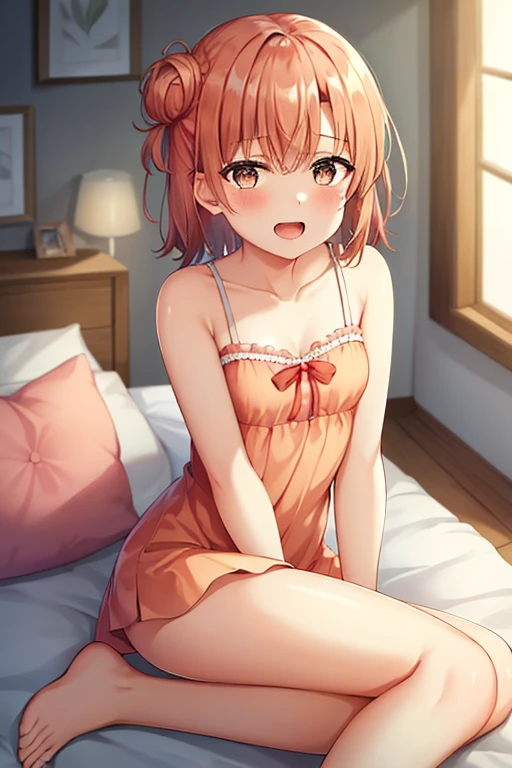 ((highest quality)), ((masterpiece)), (be familiar with), Perfect Face, indoor, Bedroom, Watching the audience,
One woman, Yuigahama Yui,
Open Mouth, Ecstatic expression, blush, smile,
Small breasts, Flat Chest, Young Girl, , , Girl,
Short Hair, Salmon-colored hair, Salmon-colored eyes, Side Pony,
Leg spread,