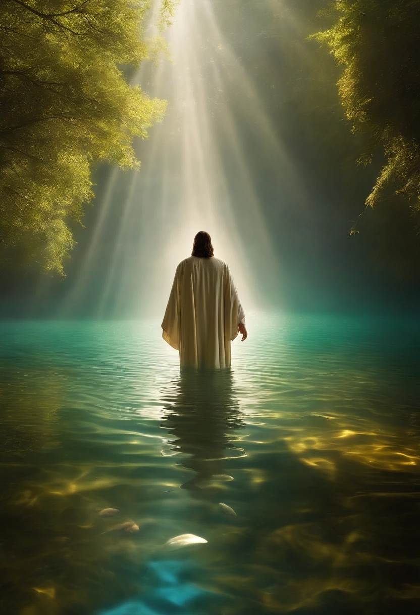 jesus cristo, imagem altamente realista em 4k, walking under the waters of a lake, serene expression of pure compassion. Door opened eith lights inside.