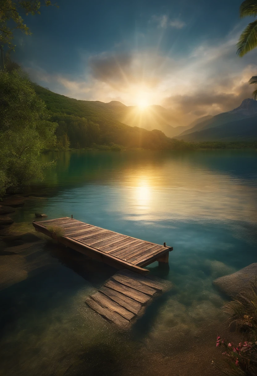 jesus cristo, imagem altamente realista em 4k, walking under the waters of a lake, serene expression of pure compassion. Door opened eith lights inside.
