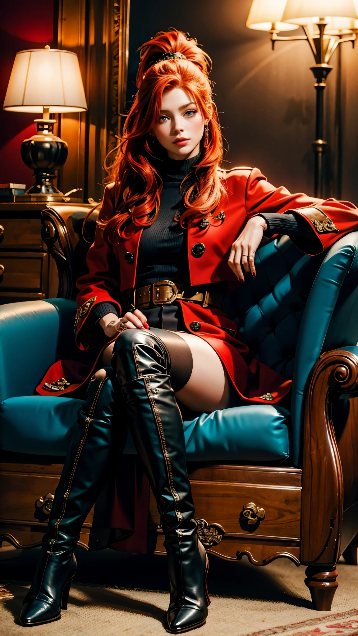 Sitting in the armchair, A beautiful redhead with a ponytail, in elegant black boots, elegant, beautiful female red coat, red painted nails, blue eyes, Beautiful woman
