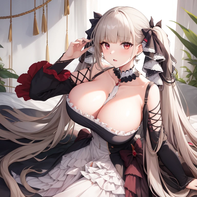 (masterpiece, best quality1.2),illustration,8k,hd,1girls,solo,hand up,(portrait:1.2),long_hair,large_breasts,red_eyes,very_long_hair,bangs,twintails,ribbon,grey_hair,cleavage,hair_ribbon,two-tone_ribbon,between_breasts,black_dress,dress,frills,bare_shoulders,frilled_dress,long_sleeves,two-tone_dress,jewelry,earrings,indoors,