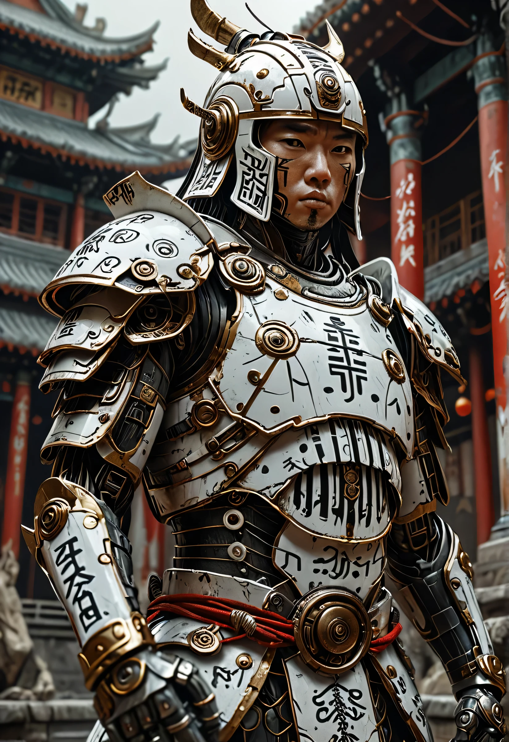 Masterpiece, Majestic. POV: three-quarter shot in camera Canon EOS R6 Mark II, Len EE 35mm, f1.6. Ancient warrior standing in dynamic pose. White and majestic helmet, evoking the greatness of the character. White armor with runes written in deep lines on it, bold lines, ancient chinese and japanese style combined with cyborg technology and distopic future, photorrealistic, hyperdetailed, raytracing, ambient occlussion, 16K UDH.