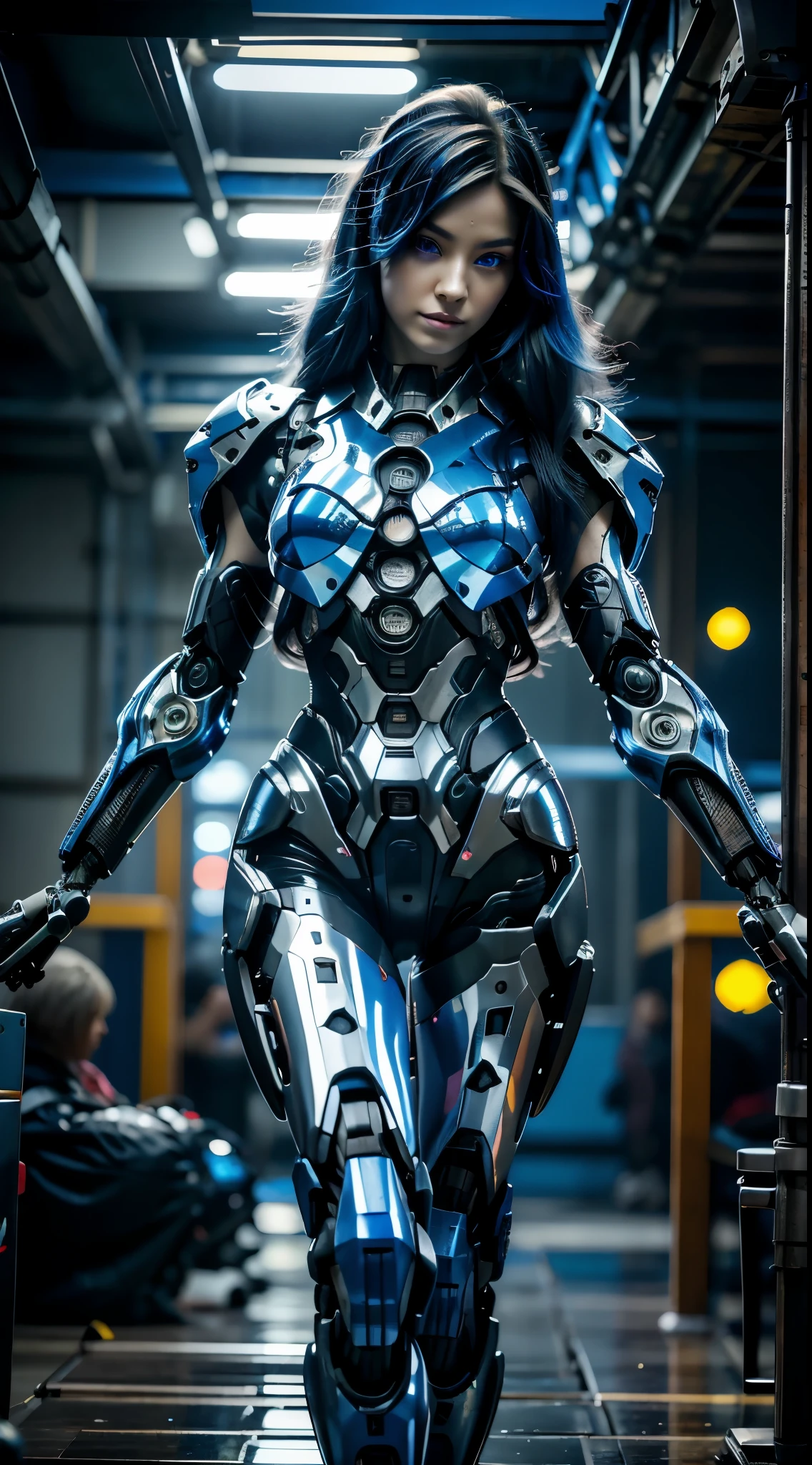 Ciberpunk, ciborgue feminino, Habilidade especial, uniforme, Aprimoramento Mecanizado, beleza, cabelo preto, Japan, joelho para cima, Rosto bonito, Corpo fino, rabo de cavalo, mechanical eyes, ((Olhos azul: 1.2)), olhos brilhantes, Prosthetic Arms, prosthetic legs
