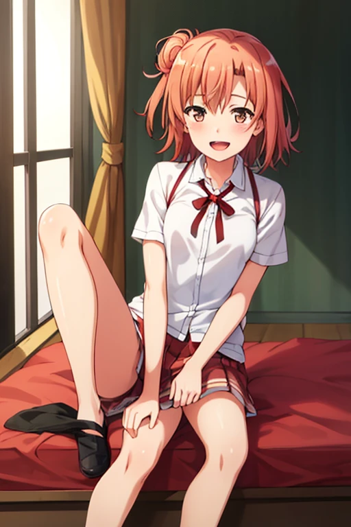 ((highest quality)), ((masterpiece)), (be familiar with), Perfect Face, indoor, Bedroom, Watching the audience,
One woman, Yuigahama Yui,
Open Mouth, Ecstatic expression, blush, smile,
Small breasts, Flat Chest, Young Girl, , , Girl,
Short Hair, Salmon-colored hair, Salmon-colored eyes, Side Pony,
Leg spread,