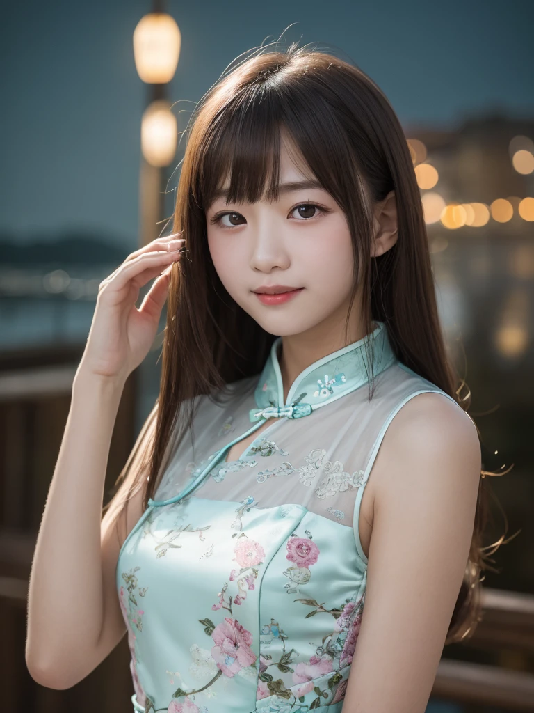 table top, highest quality, 8K, 10years old student girl, Ten generations, RAW photo, absurd, award-winning portraits, smile, alone, (night:1.8), idol face, violaces, delicate girl, Upper body, Digital single-lens reflex camera, looking at the viewer, Frank, Sophisticated,thin arms, professional lighting, film grain, chromatic aberration, (Eye and face details:1.0), (Bokeh:1.1) , (qipao dress:1.2) , close your mouth