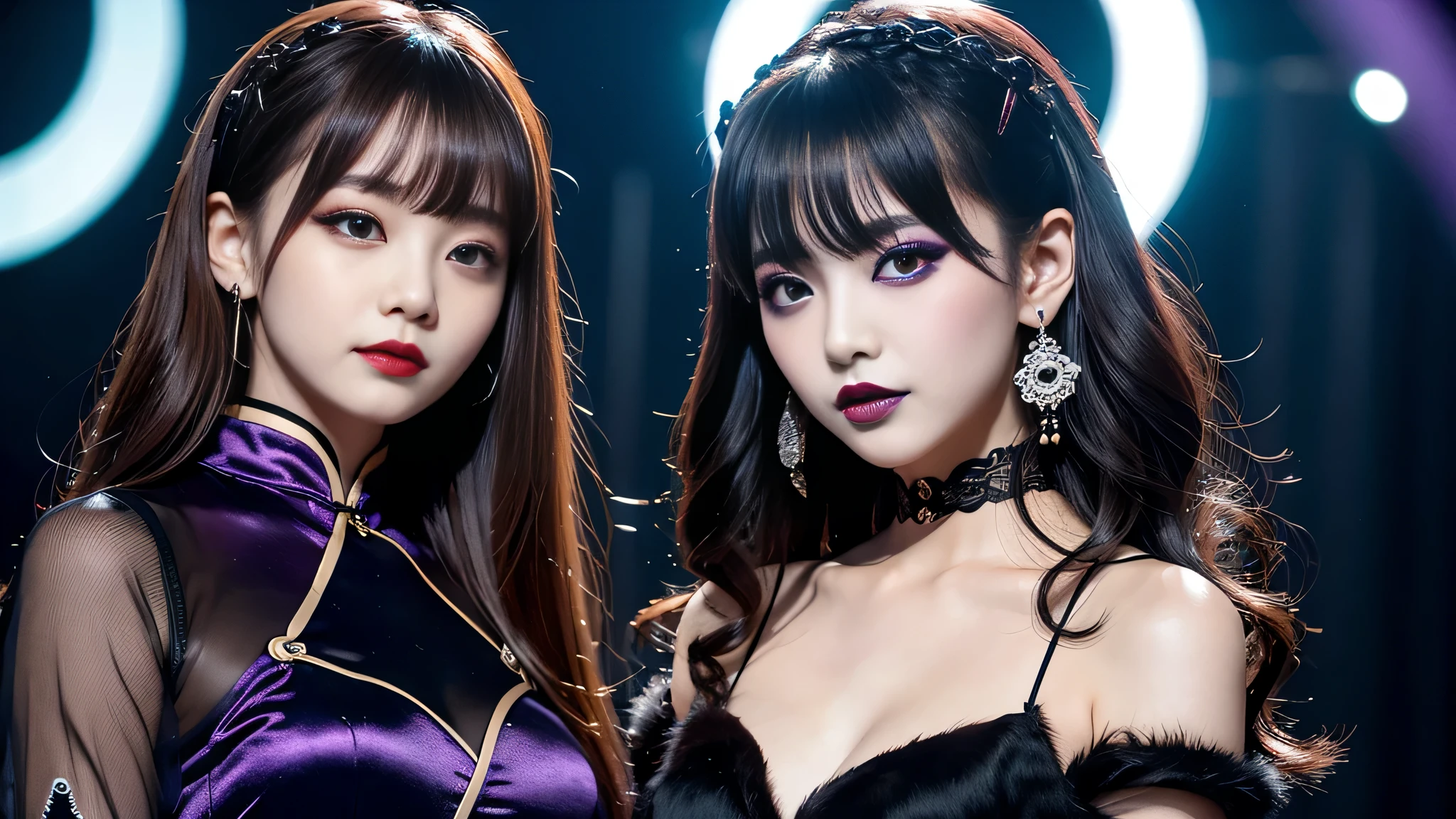 2girls、best quality、ultra-detailed、4k、Japanese、Seductive beauty、seductive adult woman、Pretty Woman、cool girl、Villainess、Brainwashed、brainwash、Fallen into evil、smirk、Evil look、Wicked Smile、evil、Brown hair、wavy hair、swept bangs、dark makeup、dark makeup、piercing eyes、hollow eyes,half-closed eyes、Hollow Eyes、Purple Eyeshadow、black lipstick、black lipglos、Long Black Cheongsam、Wide sleeves、night、inside Live stage、Applying lipstick、Making injections