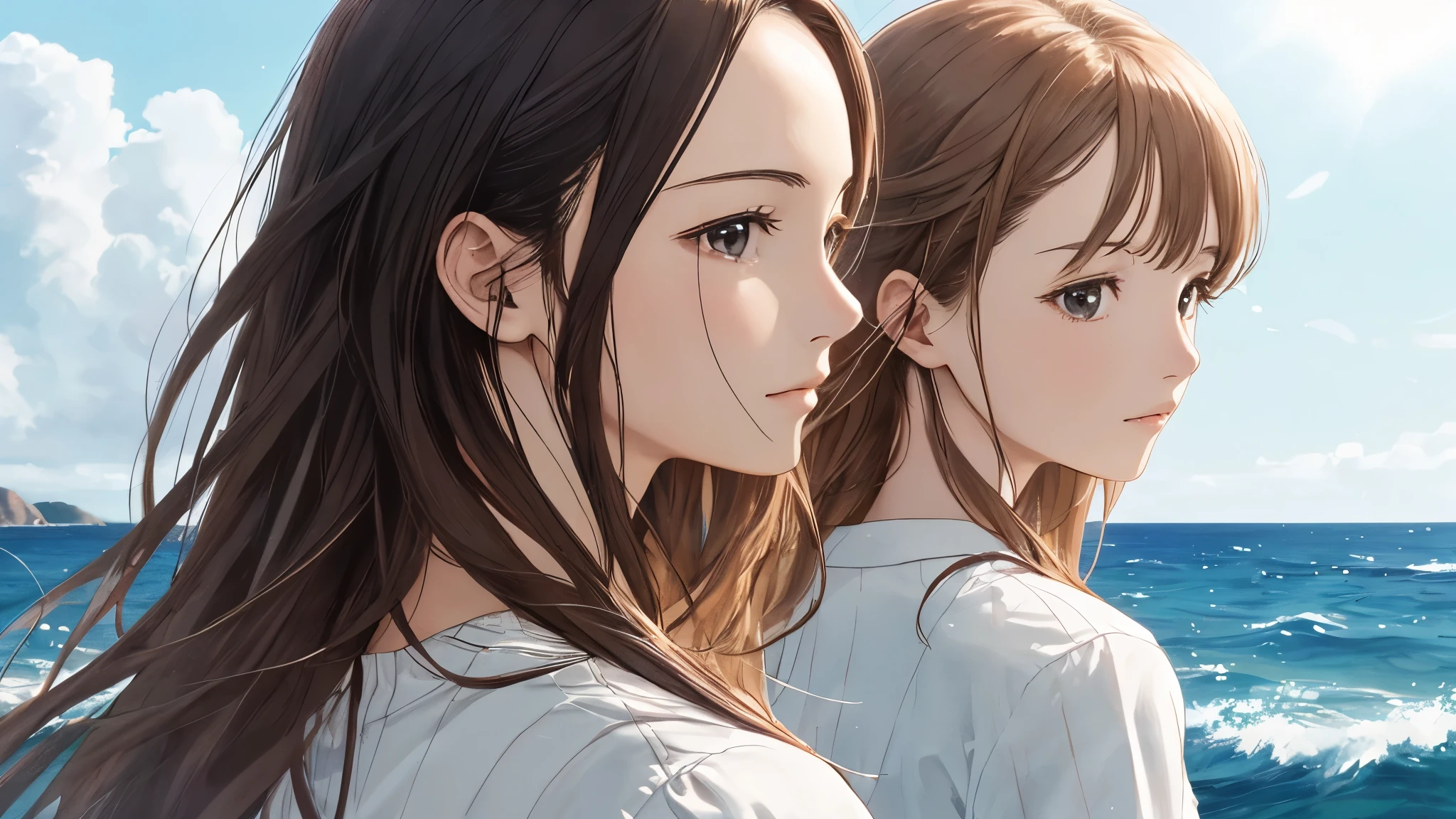 Shiraishi Mai, Looks exactly like Shiraishi Mai,Back view ,Long Hair, Dark brown hair, 2 girls, 18-year-old, photograph, Realistic, highest quality, Detailed face, Strong sunlight, Ocean, Embankment, Detailed Background, Diffused sunlight, Depth of written boundary, Bokeh (highest quality: 1.2), (masterpiece: 1.2), Watch Viewer, one piece, White Theme, Thin Blue Stripes,
