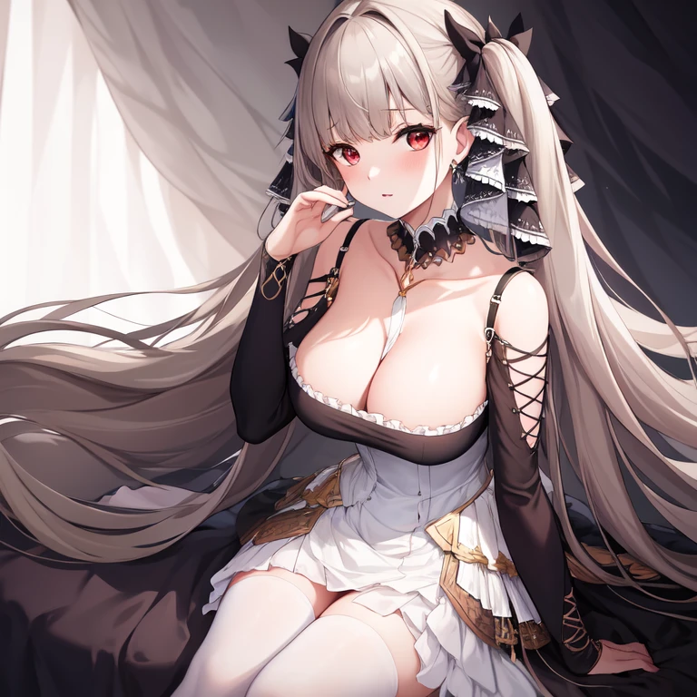 (masterpiece, best quality1.2),illustration,8k,hd,1girls,solo,hand up,(portrait:1.2),long_hair,large_breasts,red_eyes,very_long_hair,bangs,twintails,ribbon,grey_hair,cleavage,hair_ribbon,two-tone_ribbon,between_breasts,black_dress,dress,frills,bare_shoulders,frilled_dress,long_sleeves,two-tone_dress,jewelry,earrings,indoors,