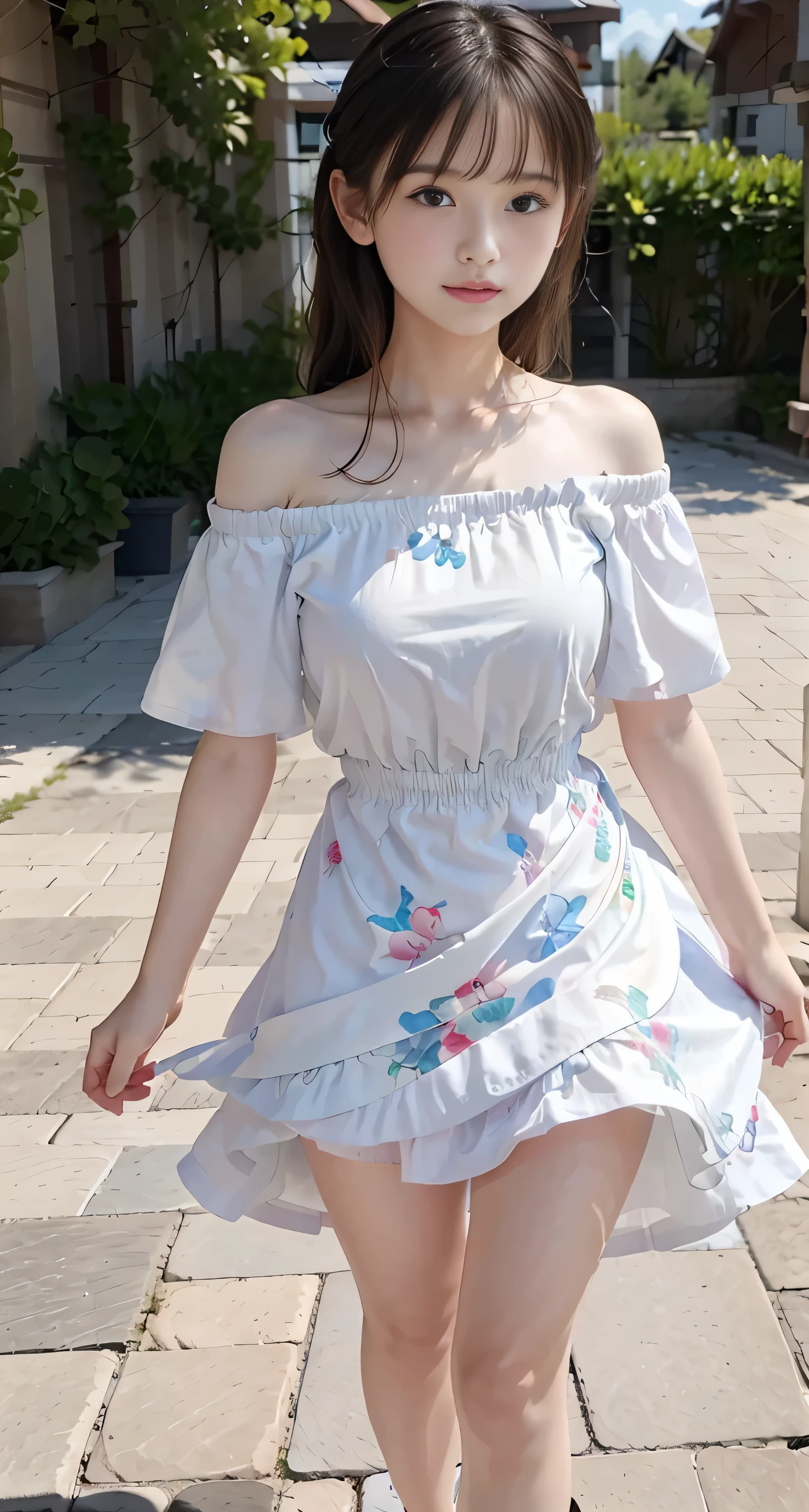 masterpiece、Highest image quality、((Full body shot))、with a girl：her hair is black and short、14 years、laughter、Her face is round and cute。(((White and blue off-shoulder dress)))、Floral。white sandal shoes、There is a ribbon on the ankle。(strong wind:1.3)、(My hair and skirt are blown up by the wind:1.5)、Hand holding down skirt、scene：There is a beautiful scene floating in the background.、blue sky, White cloud, green meadow and colorful flowers。The scene is softly painted like a watercolor painting.、It&#39;s a fantastic atmosphere。The scene expresses the imagination and sensibility of the girl、Pubic hair shows completely naked pubic hair) ,more_become familiar with:1.5, (More and more_become familiar with:1.9)、Remote location