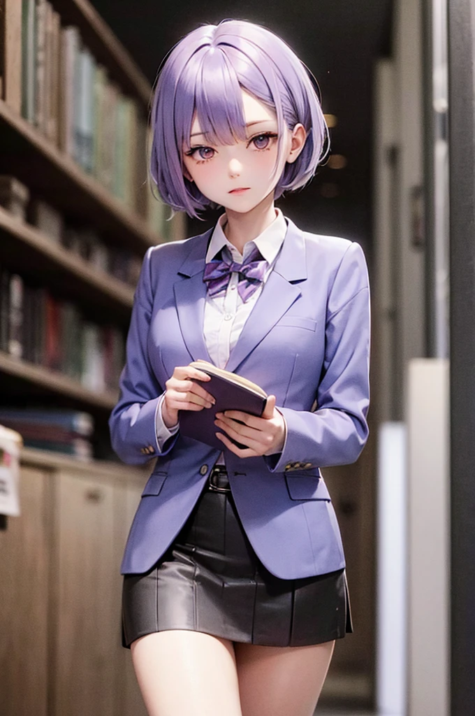 Pastel purple hair　Short Bob　Mysterious atmosphere　Girl　purple blazer　Library　reading　high school girl

