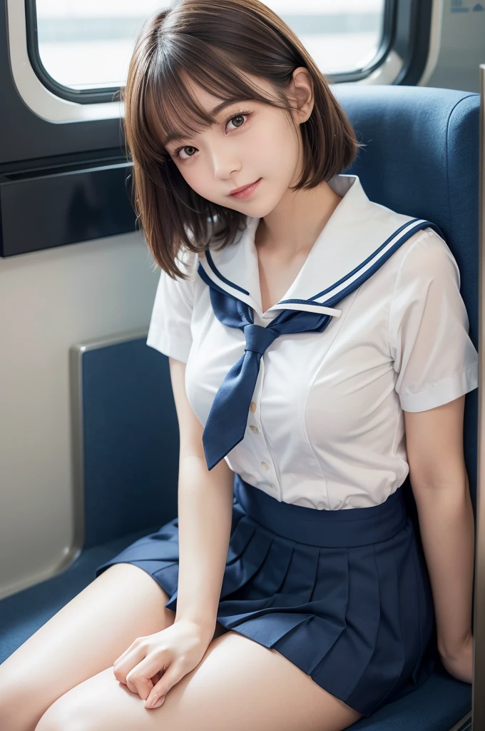 top-quality,ultra-detailliert,masterpiece,realisitic,Photo Real,Bright lighting,1 girl in, an extremely beautiful 17-year-old girl, (kawaii:1.2),Thin smile, (Brown eyes),(brown haired),(bangss),perfect glossy skin,flawless skin,((erotick,Sexy and sexually explicit)),((accurate hands without incongruity)), large full breasts,big breasts thin waist, Look at viewers,((a sailor suit)),((Short sleeve uniform white shirt)),(red necktie),(Blue Mini Pleated Skirt),(((skirt lift by yourself))),(lifted by self),(Showing panties),panties on,panties focus,((Sit up,spread legswide)), sockes, (Black knee socks),(Loafer shoes), during daytime,On the train,Horizontal long seat with your back to the window