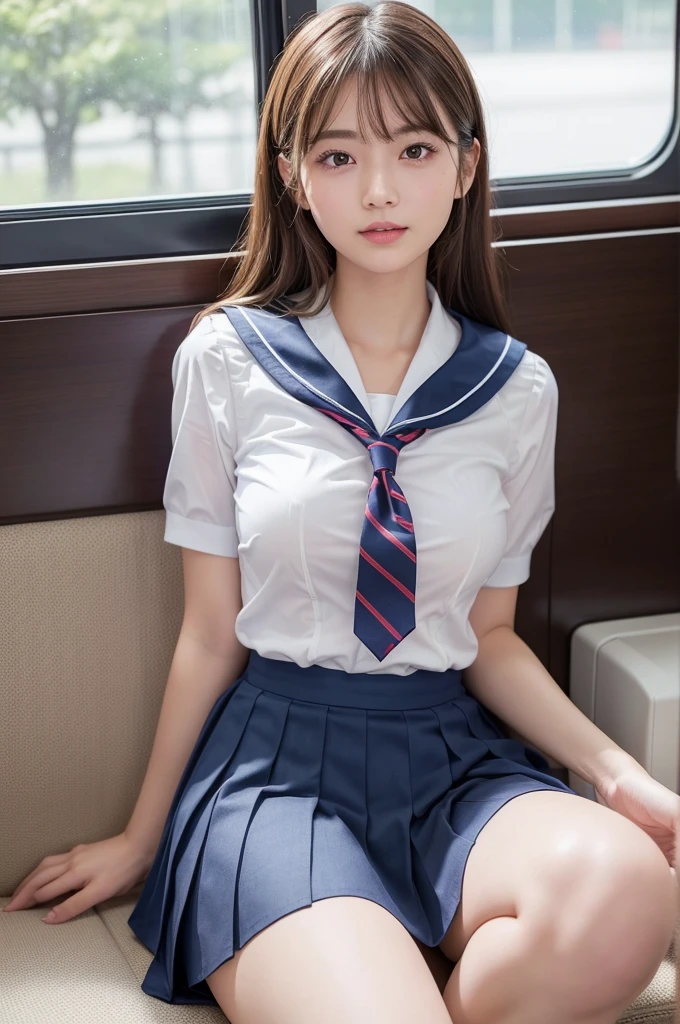 top-quality,ultra-detailliert,masterpiece,realisitic,Photo Real,Bright lighting,1 girl in, an extremely beautiful 17-year-old girl, (kawaii:1.2),Thin smile, (Brown eyes),(brown haired),(bangss),perfect glossy skin,flawless skin,((erotick,Sexy and sexually explicit)),((accurate hands without incongruity)), large full breasts,big breasts thin waist, Look at viewers,((a sailor suit)),((Short sleeve uniform white shirt)),(red necktie),(Blue Mini Pleated Skirt),(((skirt lift by yourself))),(lifted by self),(Showing panties),panties on,panties focus,((Sit up,spread legswide)), sockes, (Black knee socks),(Loafer shoes), during daytime,On the train,Horizontal long seat with your back to the window((乃木坂アイドル、韓国アイドル、hposing Gravure Idol、((女優))、25-years old、tall:1.2、cafes、resturant、Italy、Americans、Australia、Glamour)),